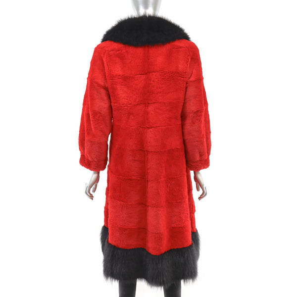 Red Sheared Rabbit Coat with Fox Trim- Size S
