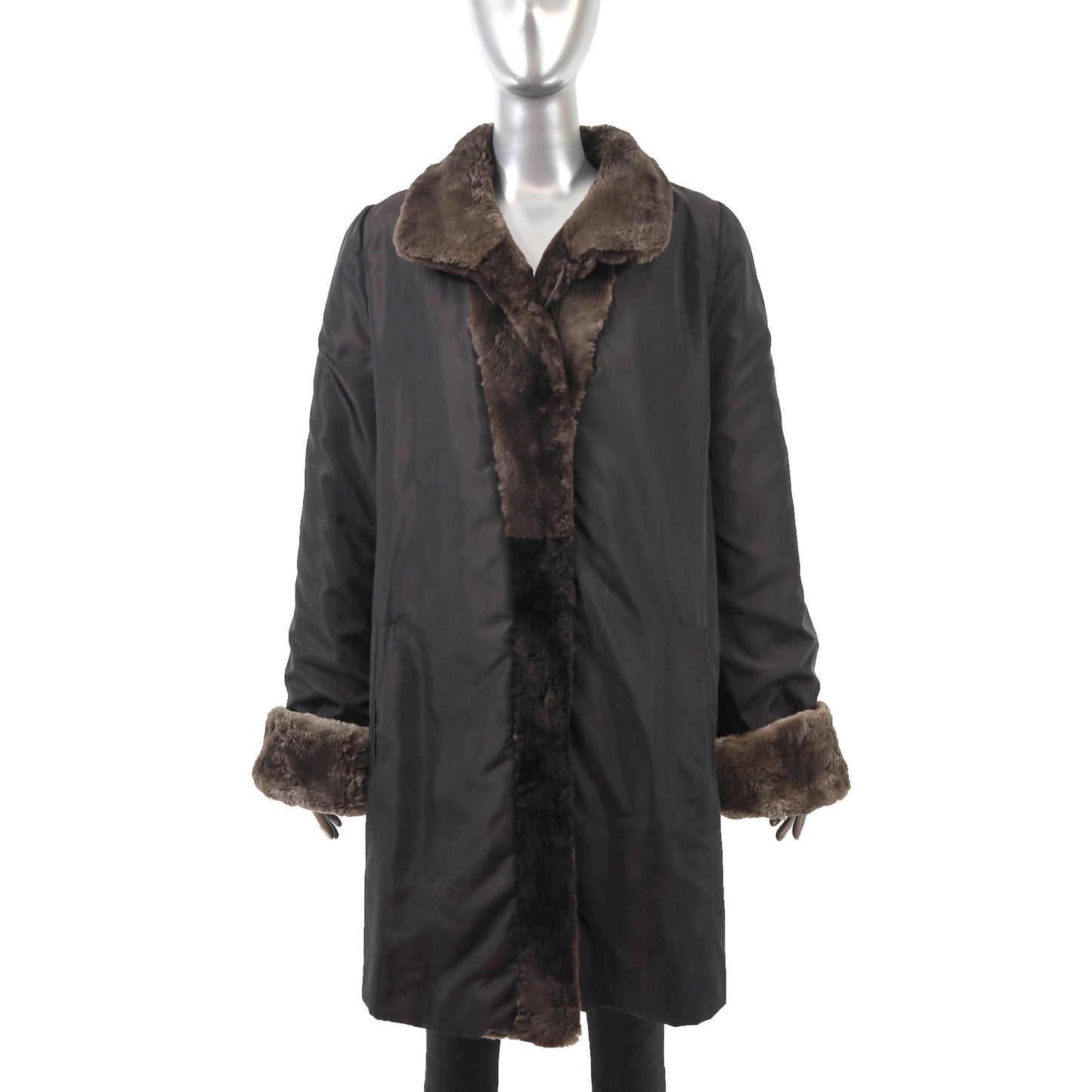 Brown Sheared Beaver Coat Reversible to Taffeta- Size M