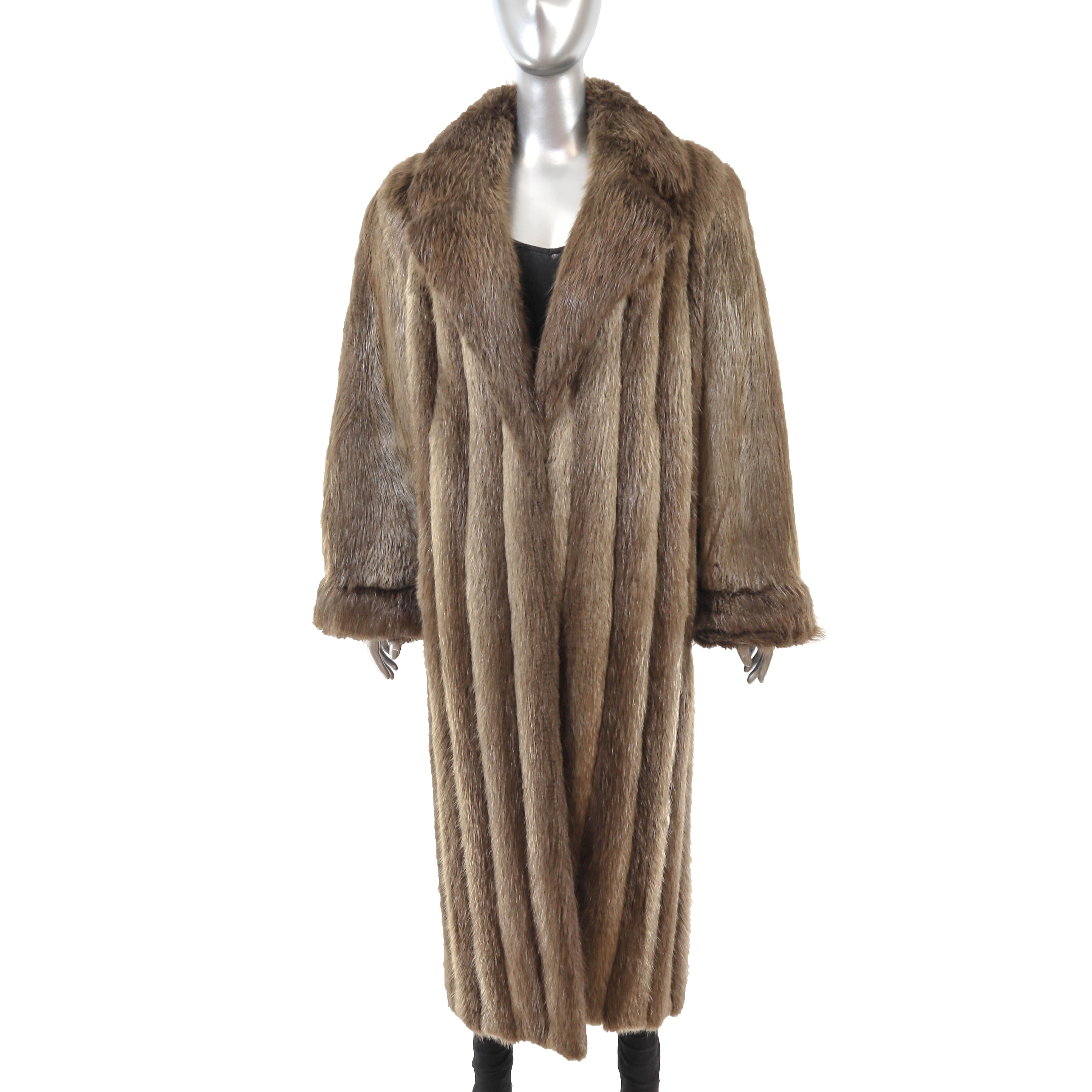 極美品♡VOAAOV BEAVER Stand Collar Long Coat 1950 Broad Tail Fur Tan Double Breasted Coat Jacket Caramel