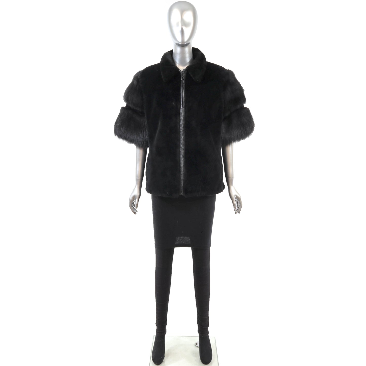 Black Sheared Beaver Jacket with Fox Sleeves- Size M