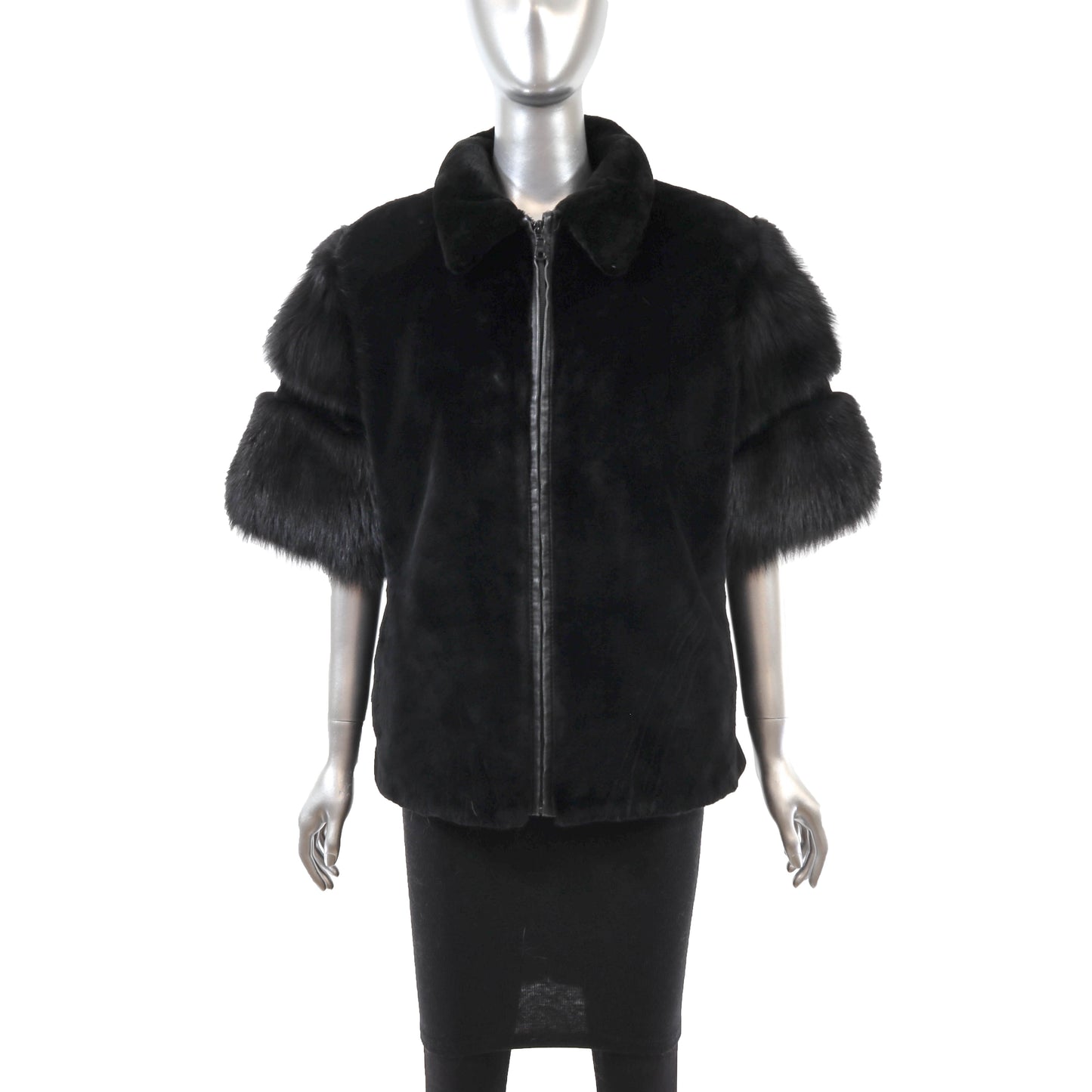 Black Sheared Beaver Jacket with Fox Sleeves- Size M