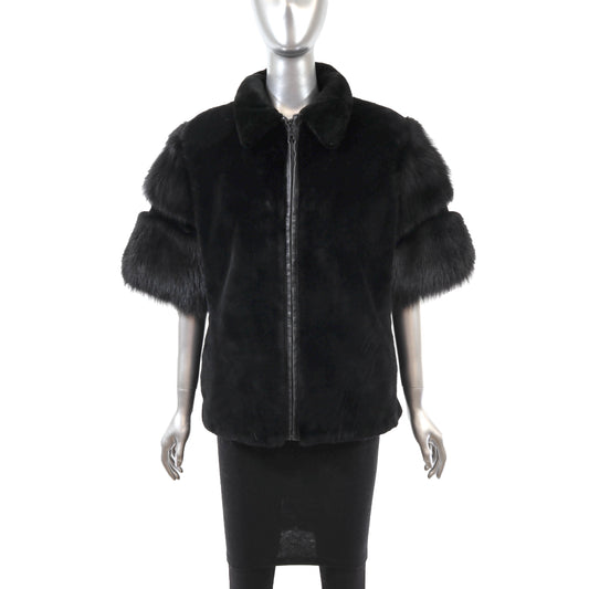 Black Sheared Beaver Jacket with Fox Sleeves- Size M