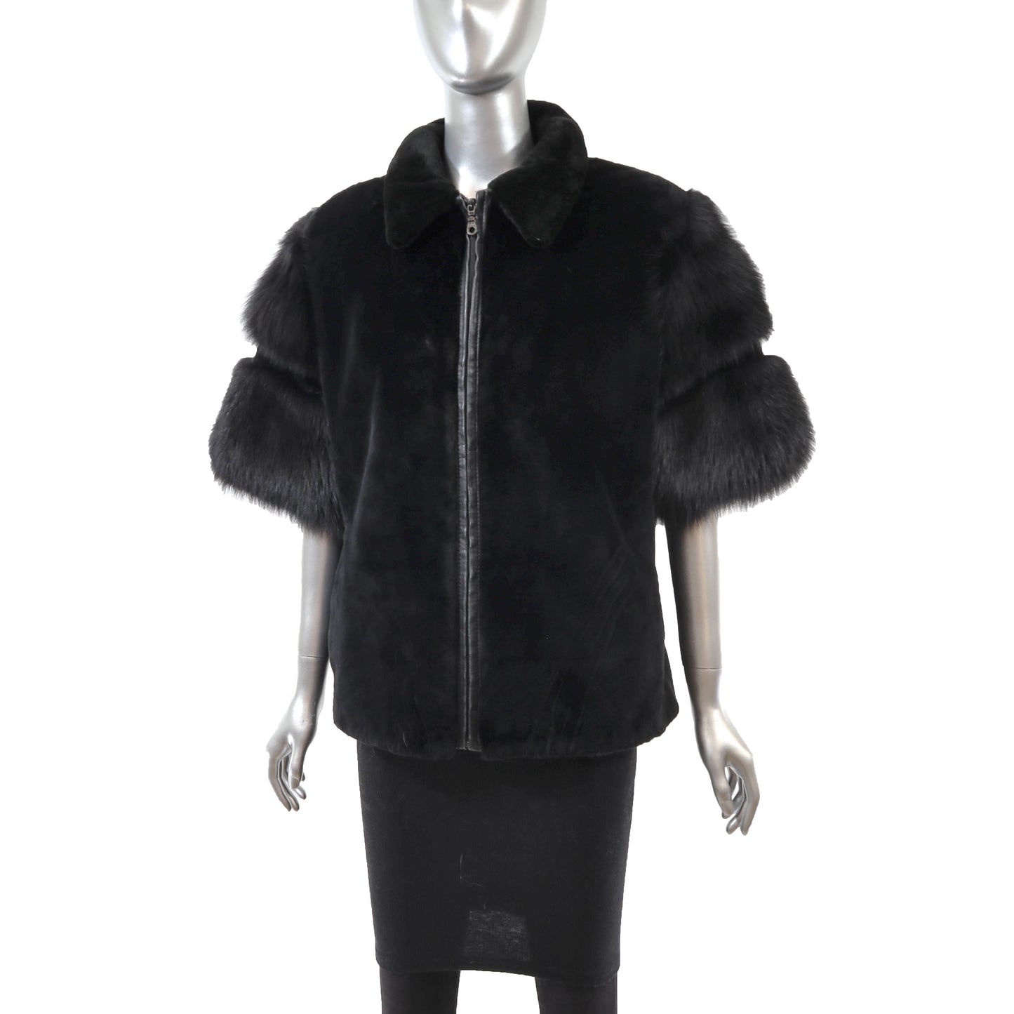 Black Sheared Beaver Jacket with Fox Sleeves- Size M