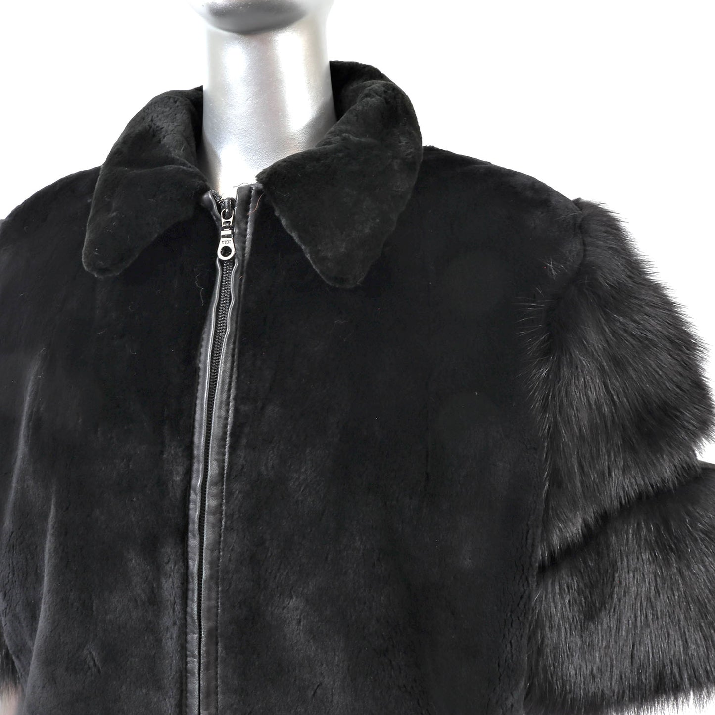 Black Sheared Beaver Jacket with Fox Sleeves- Size M
