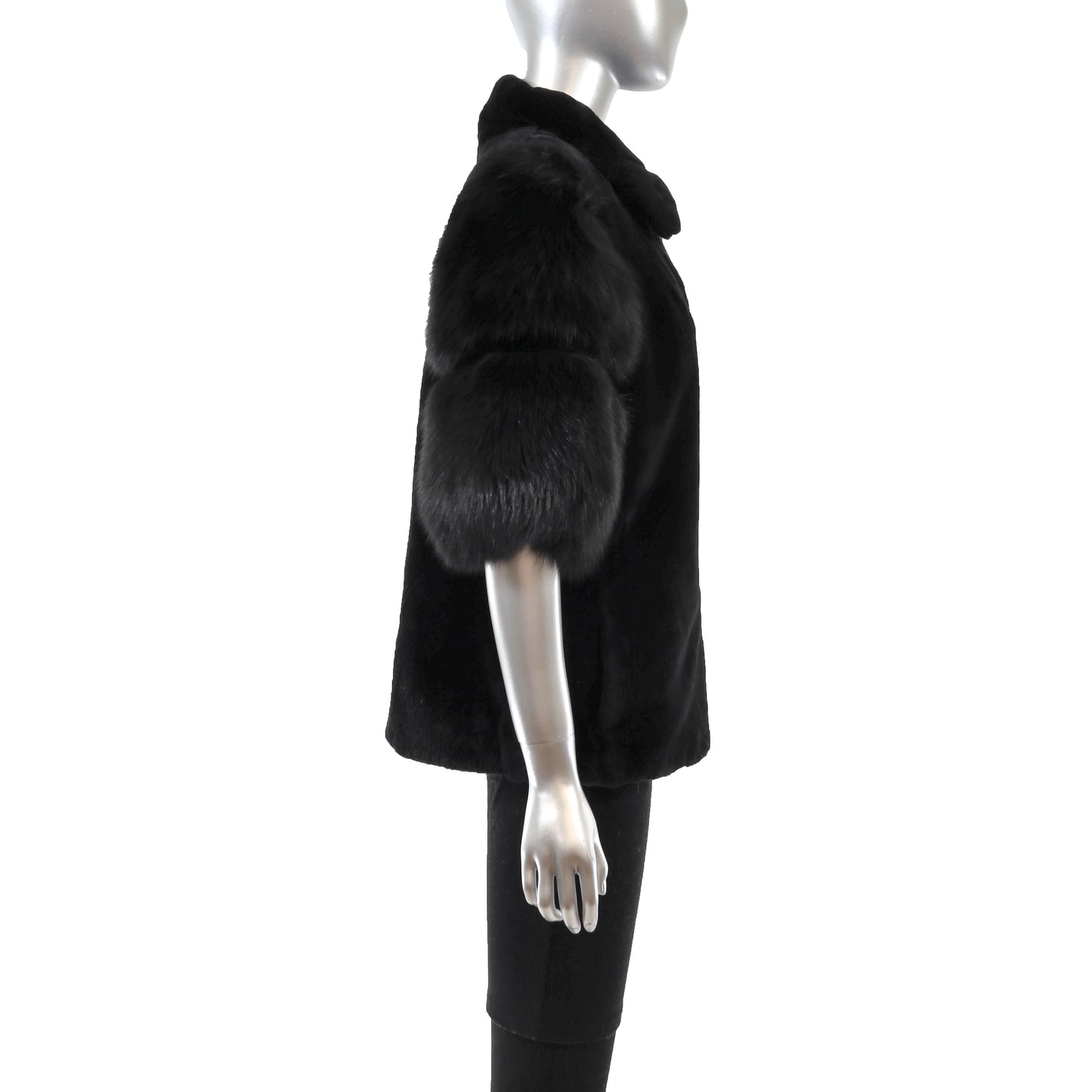 Black Sheared Beaver Jacket with Fox Sleeves- Size M