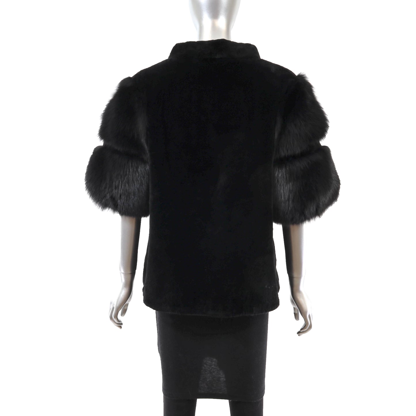 Black Sheared Beaver Jacket with Fox Sleeves- Size M