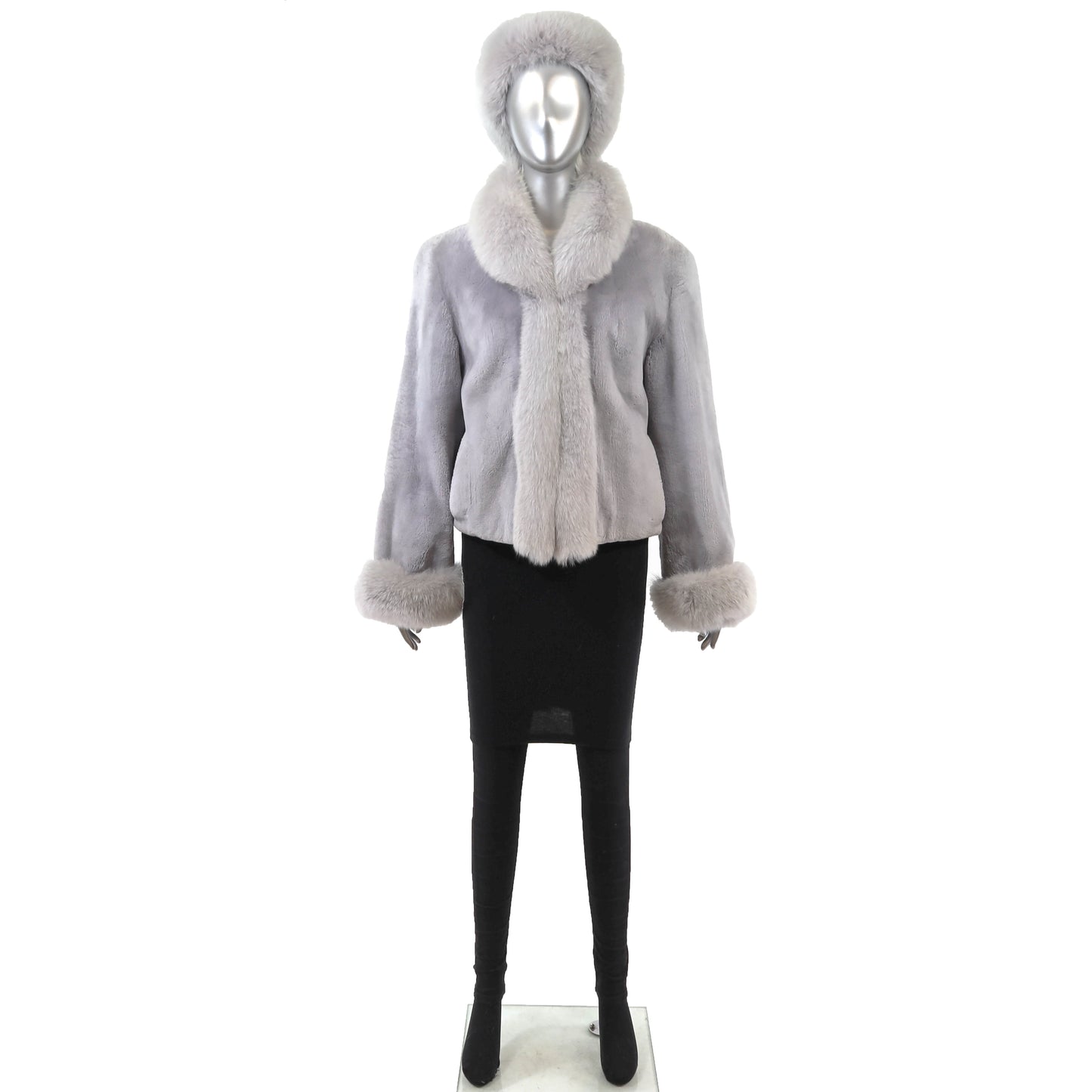 Grey and Lilac Sheared Beaver Jacket with Fox Trim and Matching Headband- Size M
