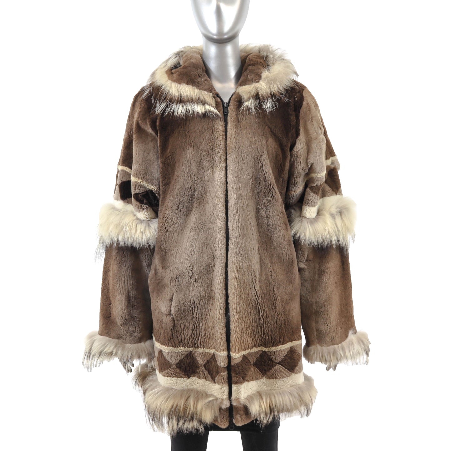 Brown Sheared Hooded Beaver Jacket with Raccoon Trim- Size M