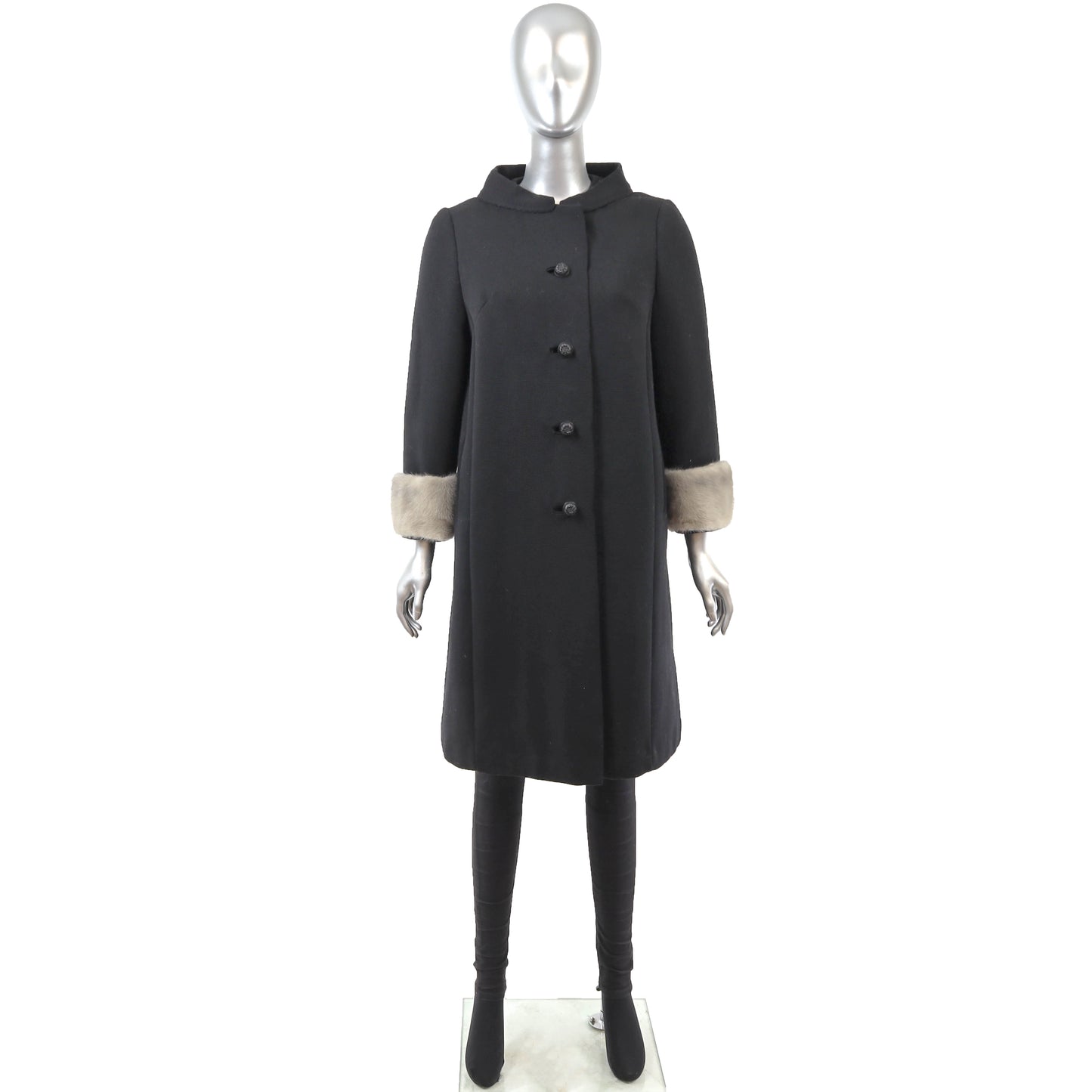 Black Fabric Coat with Mink Trim- Size M