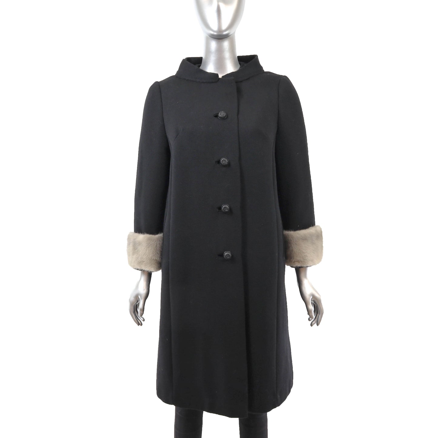 Black Fabric Coat with Mink Trim- Size M