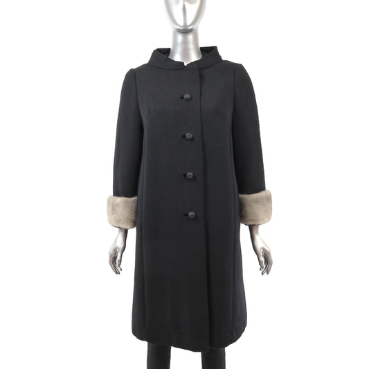 Black Fabric Coat with Mink Trim- Size M
