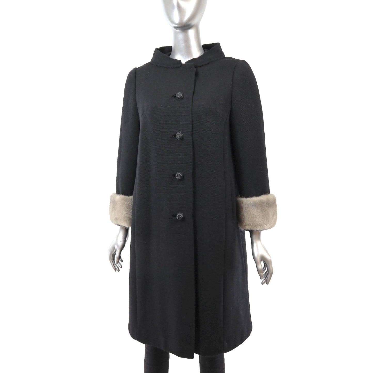 Black Fabric Coat with Mink Trim- Size M