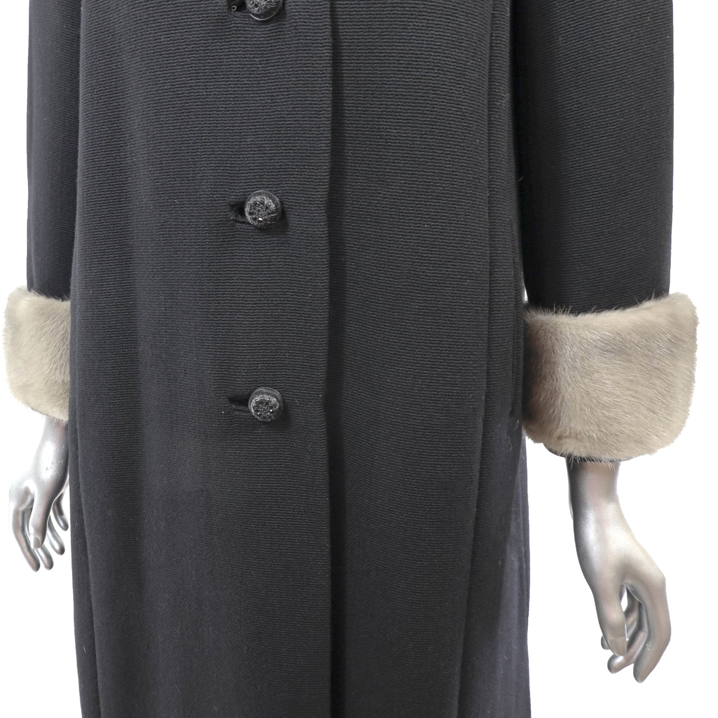 Black Fabric Coat with Mink Trim- Size M