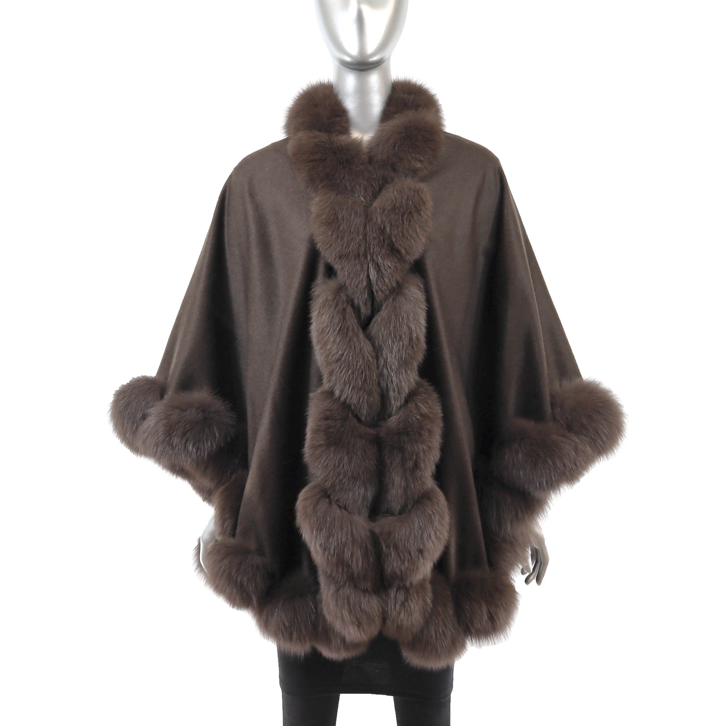 Brown Cashmere Cape with Fox Trim- Size Free