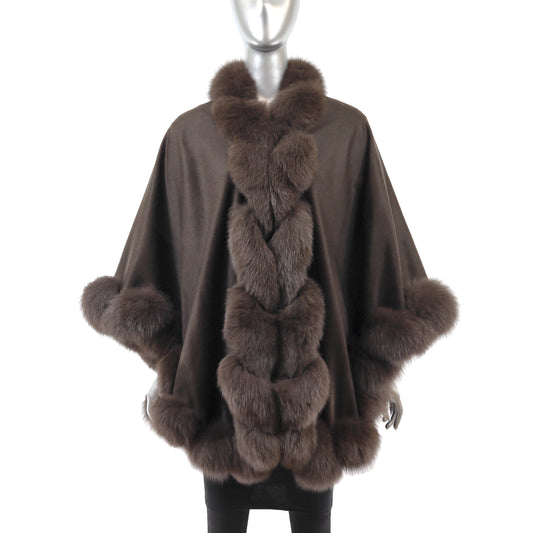 Brown Cashmere Cape with Fox Trim- Size Free