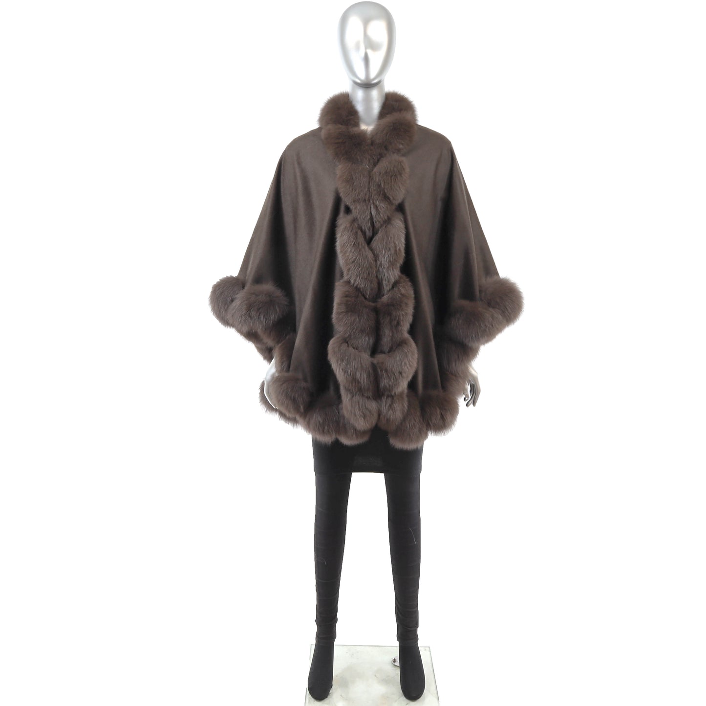Brown Cashmere Cape with Fox Trim- Size Free