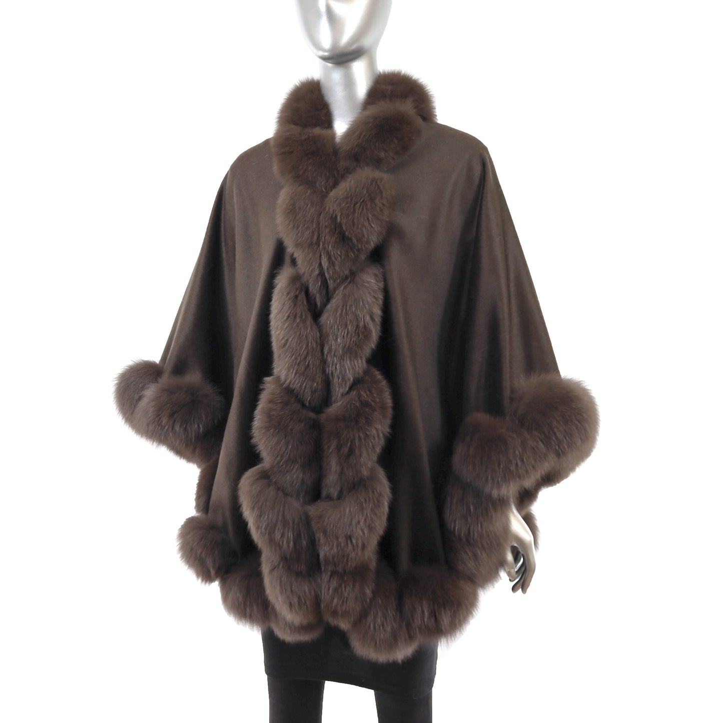 Brown Cashmere Cape with Fox Trim- Size Free