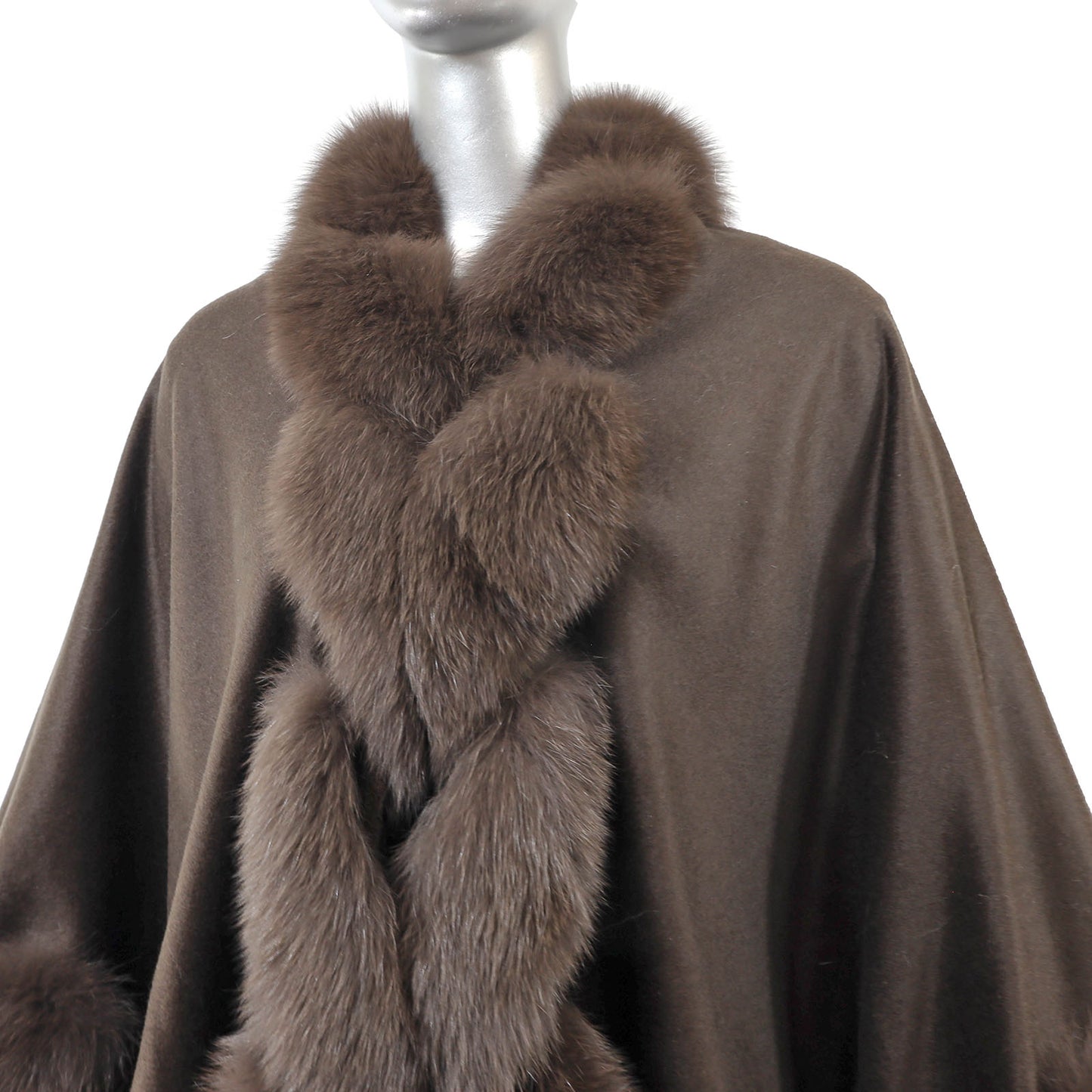Brown Cashmere Cape with Fox Trim- Size Free