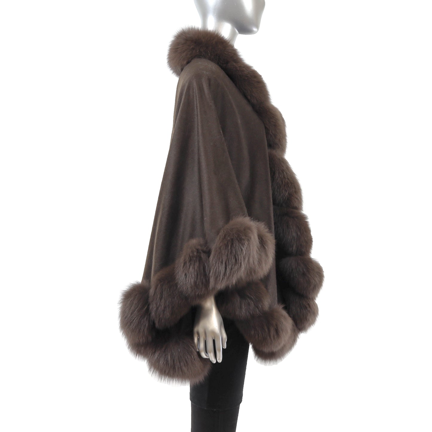 Brown Cashmere Cape with Fox Trim- Size Free