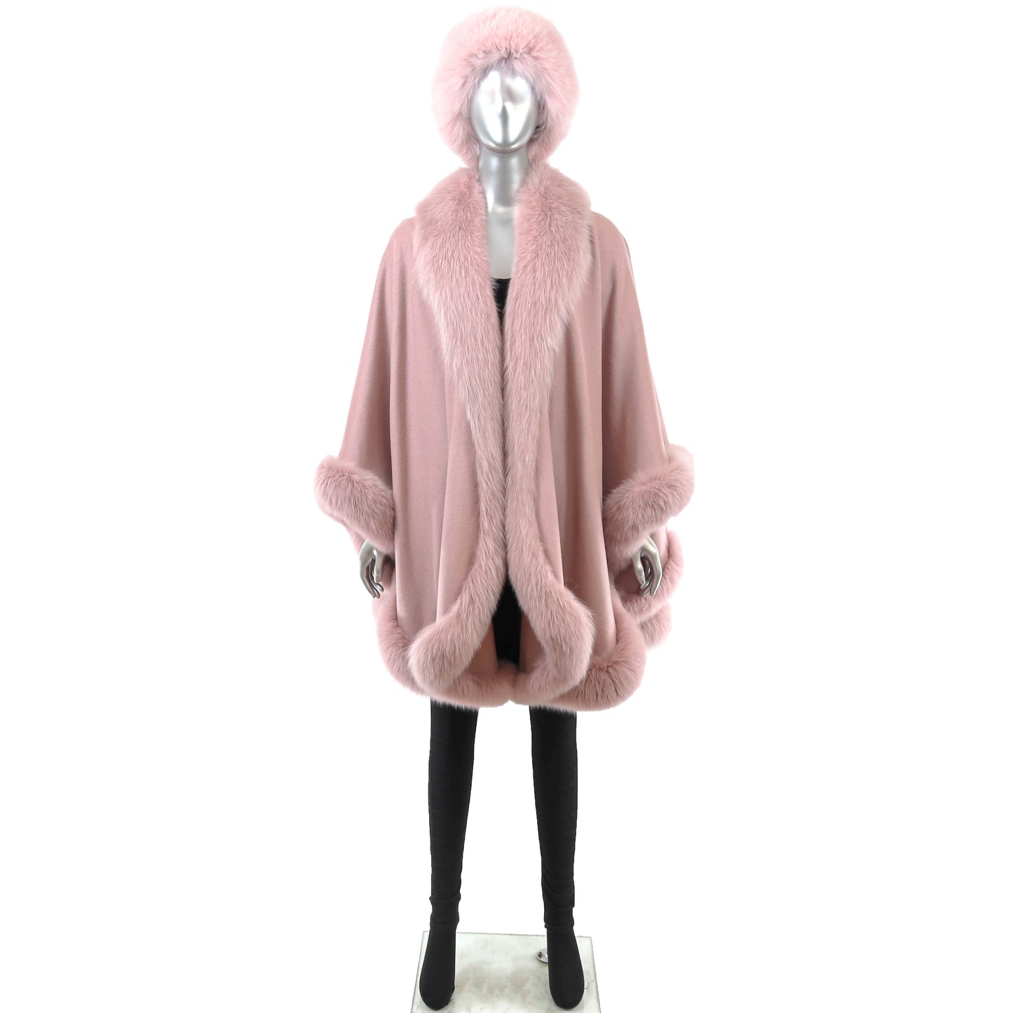 Pink Cashmere Cape with Fox Trim and Matching Mink Hat with Fox- Size Free