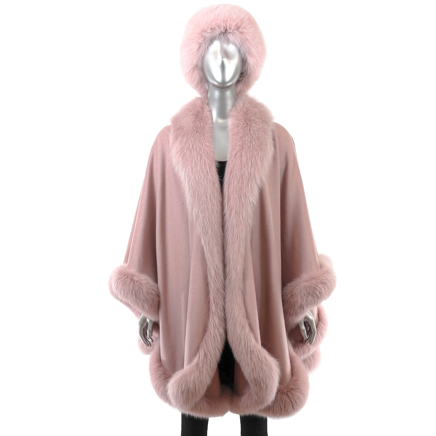 Pink Cashmere Cape with Fox Trim and Matching Mink Hat with Fox- Size Free