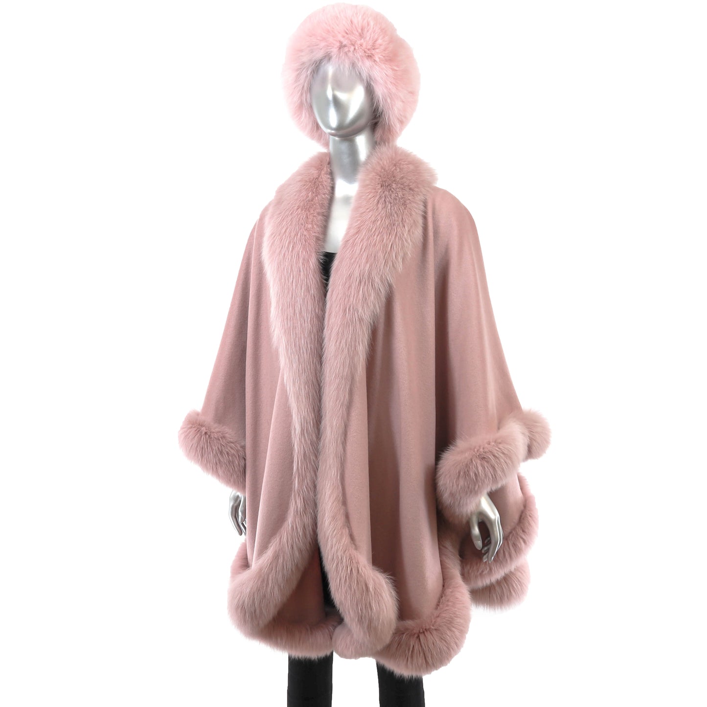 Pink Cashmere Cape with Fox Trim and Matching Mink Hat with Fox- Size Free