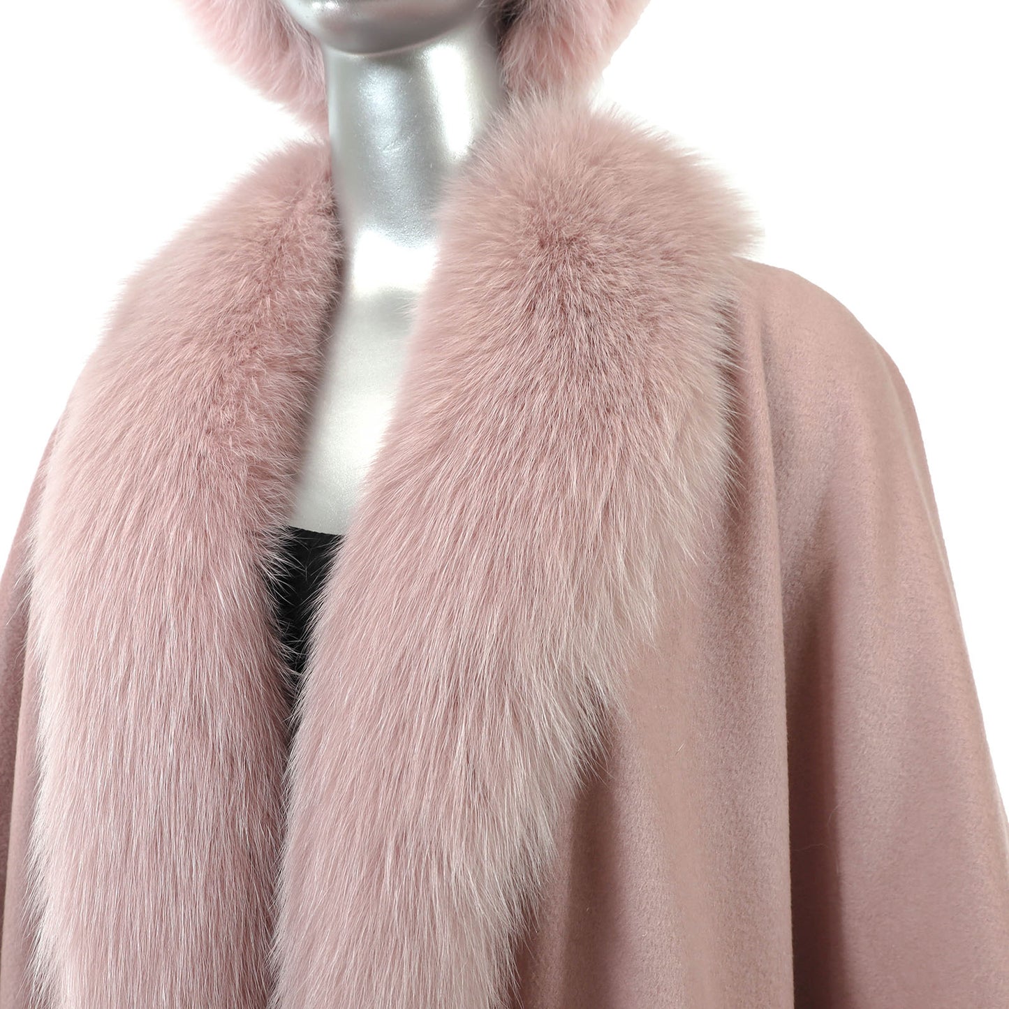 Pink Cashmere Cape with Fox Trim and Matching Mink Hat with Fox- Size Free