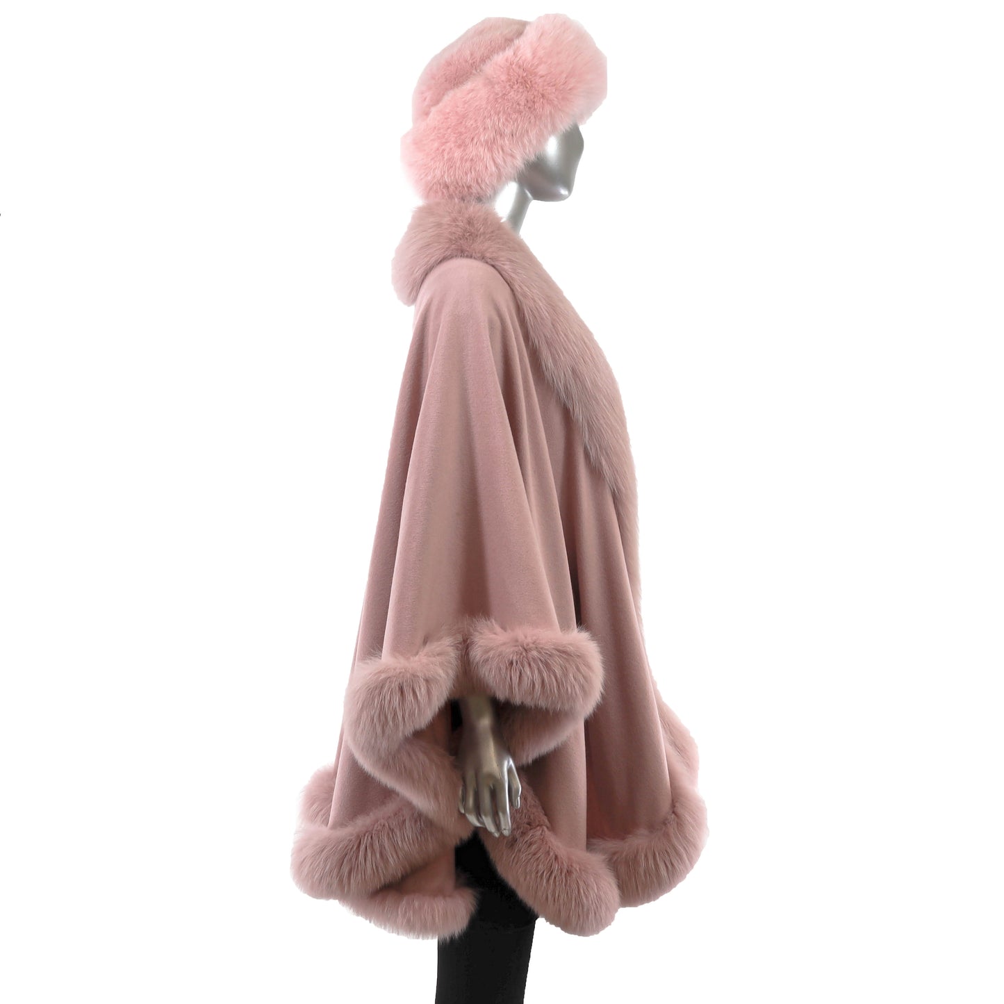 Pink Cashmere Cape with Fox Trim and Matching Mink Hat with Fox- Size Free