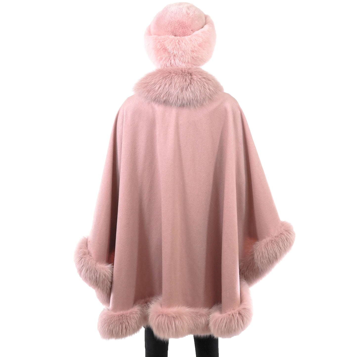 Pink Cashmere Cape with Fox Trim and Matching Mink Hat with Fox- Size Free