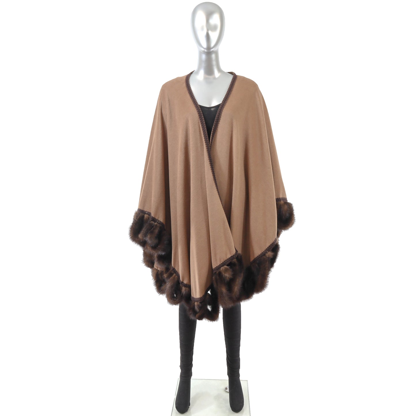 Camel Cashmere Cape with Mink Trim- Size Free