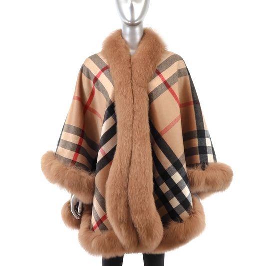 Brown Cashmere Cape with Fox Trim- Size Free
