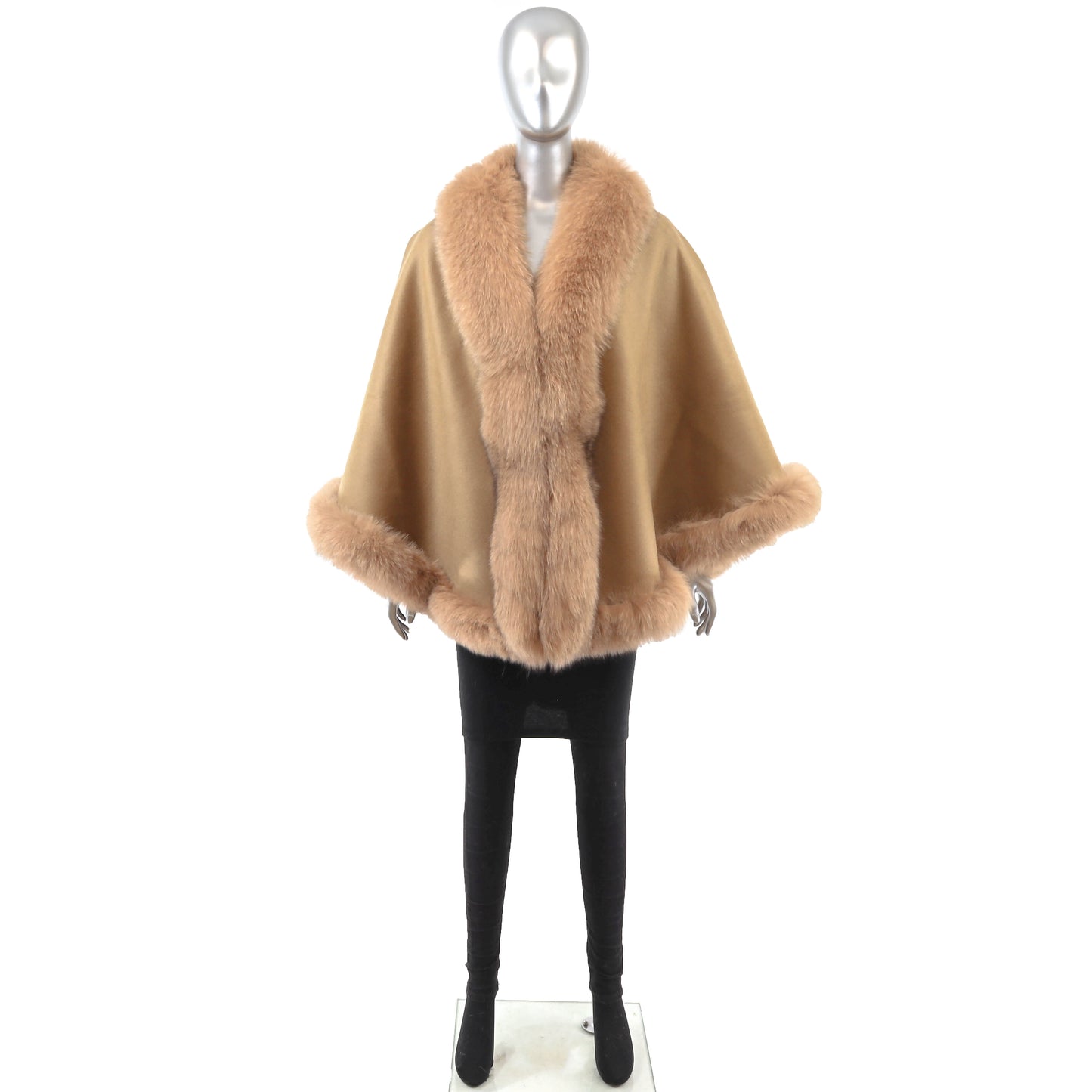Camel Cashmere Cape with Fox Trim- Size Free
