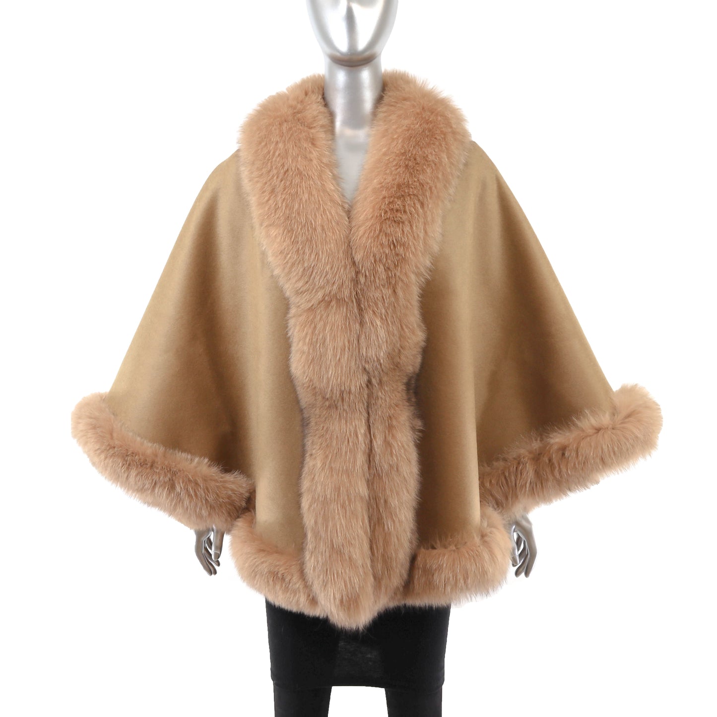Camel Cashmere Cape with Fox Trim- Size Free