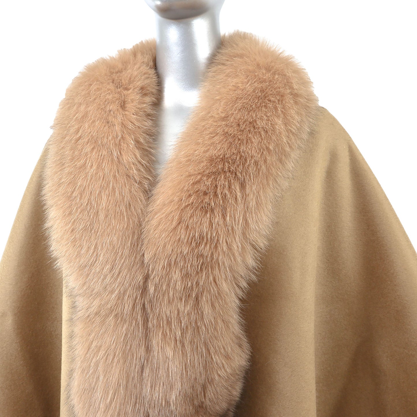 Camel Cashmere Cape with Fox Trim- Size Free