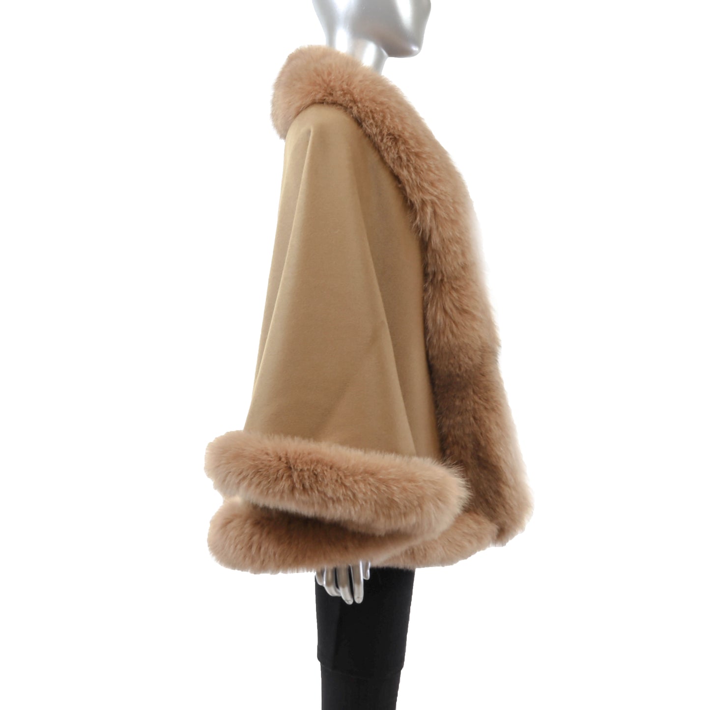 Camel Cashmere Cape with Fox Trim- Size Free