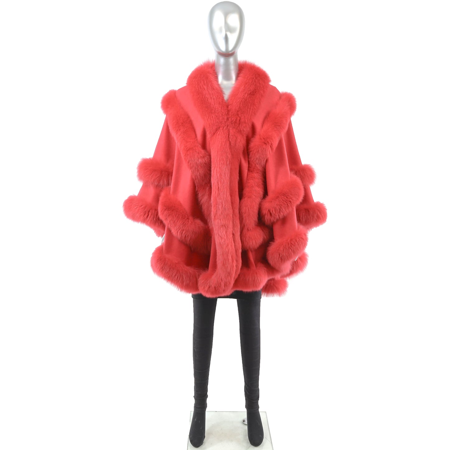 Red Cashmere Cape with Fox Trim- Size Free