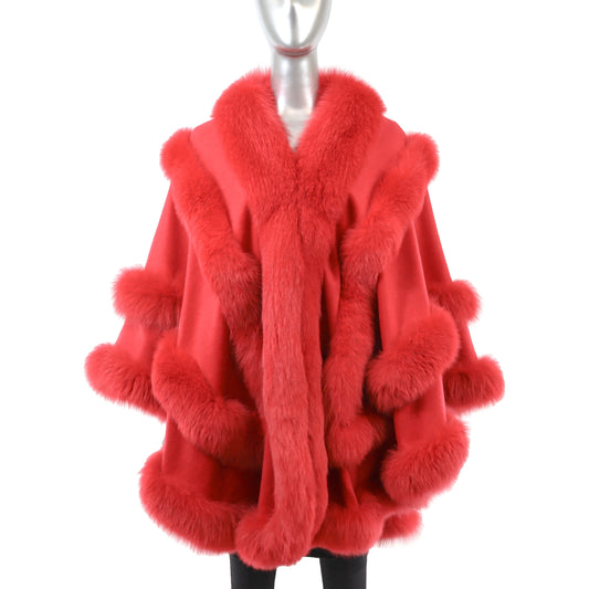 Red Cashmere Cape with Fox Trim- Size Free