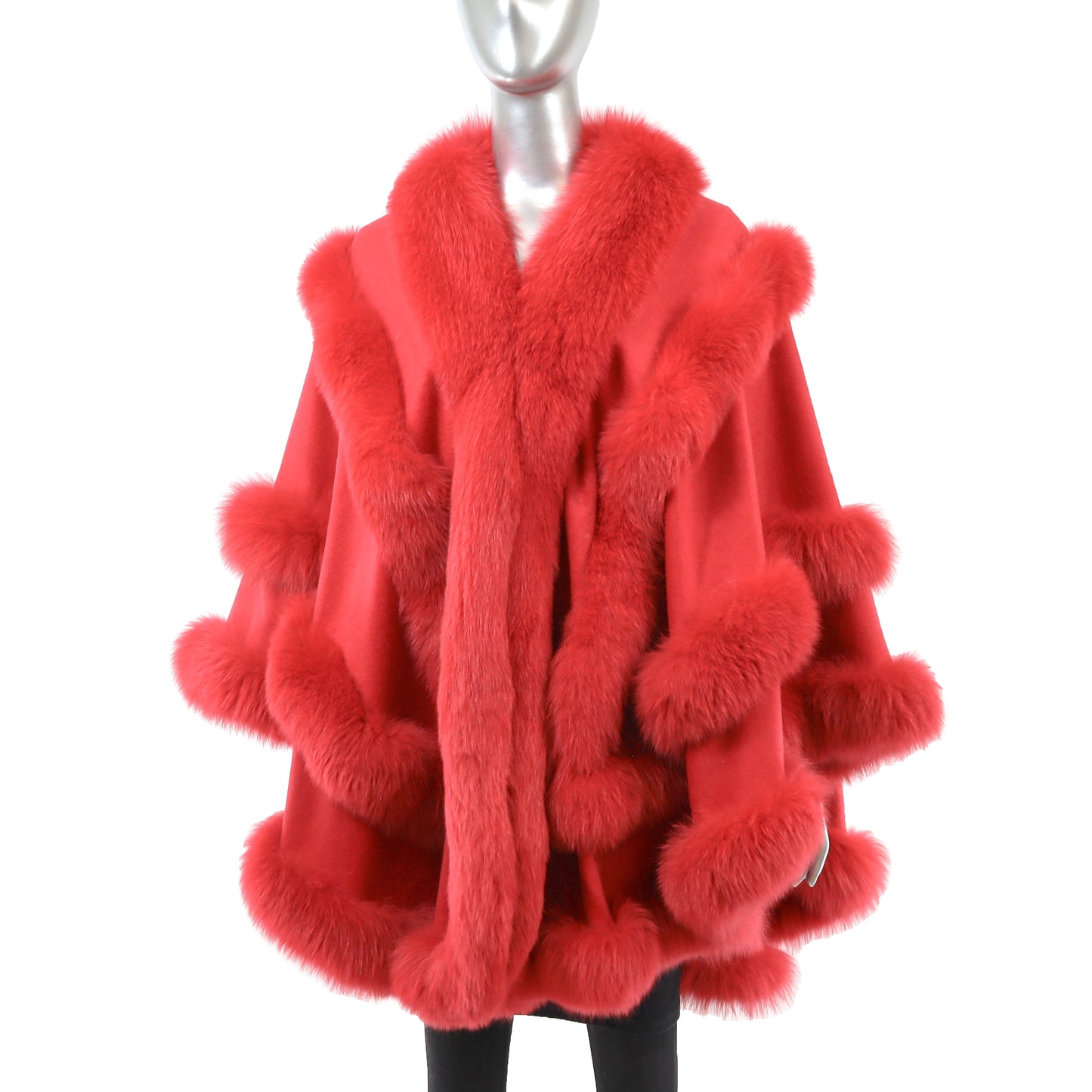 Red Cashmere Cape with Fox Trim- Size Free