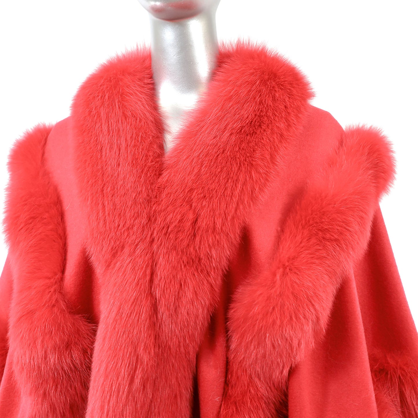 Red Cashmere Cape with Fox Trim- Size Free