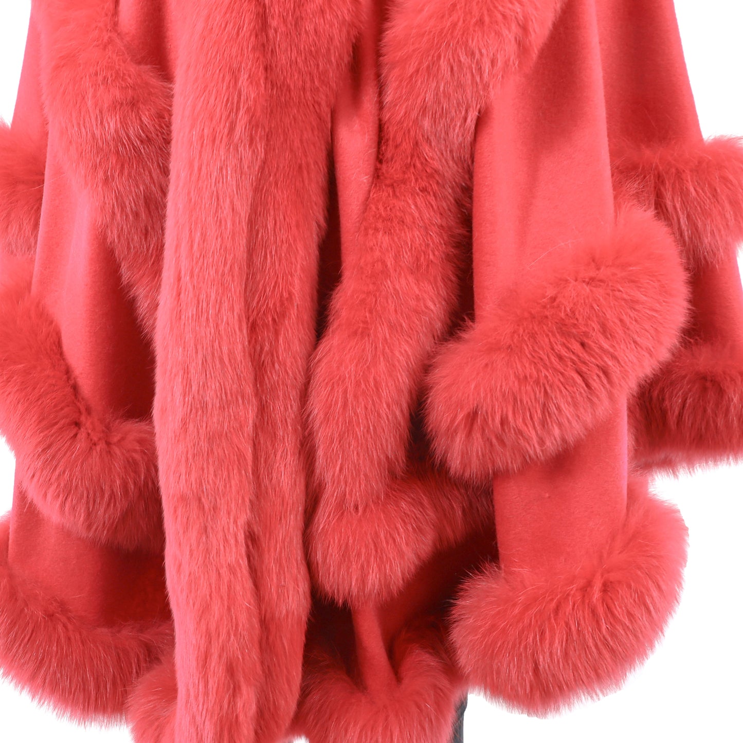 Red Cashmere Cape with Fox Trim- Size Free