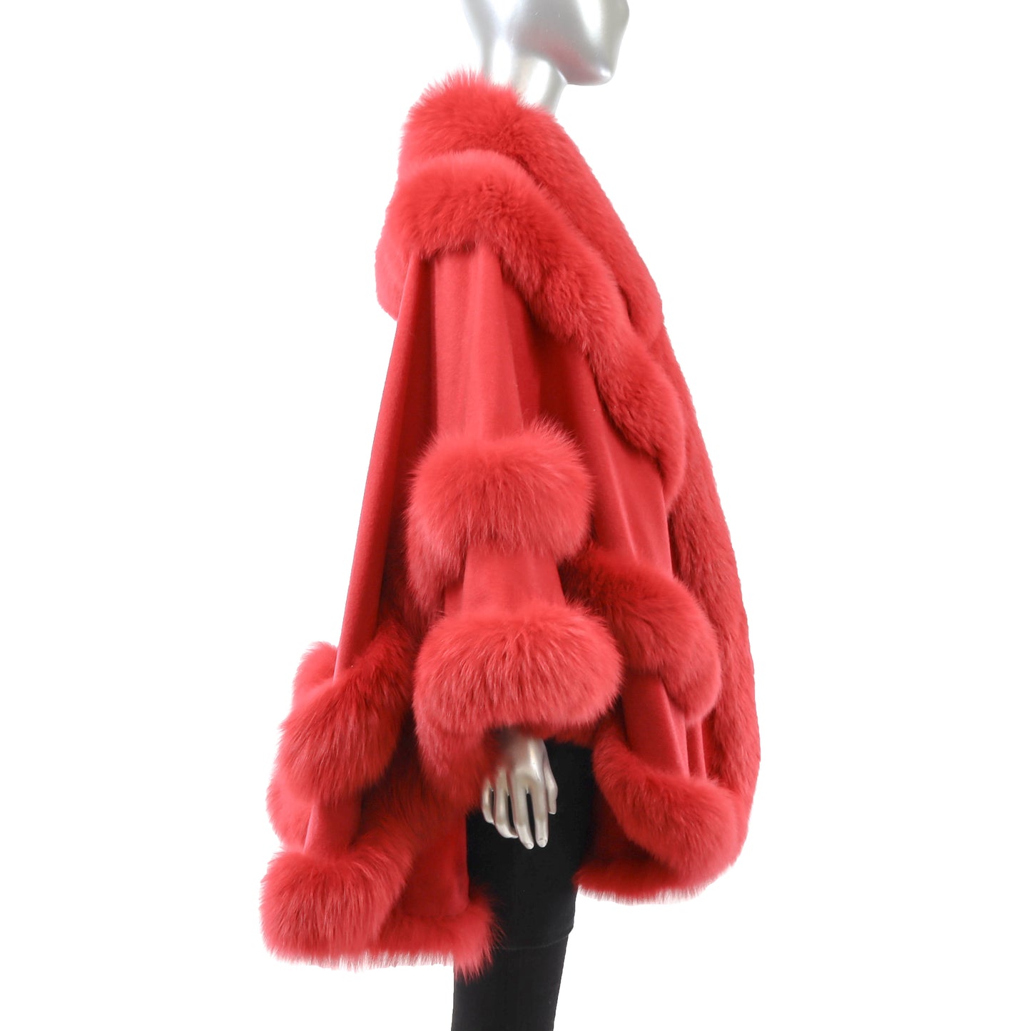 Red Cashmere Cape with Fox Trim- Size Free