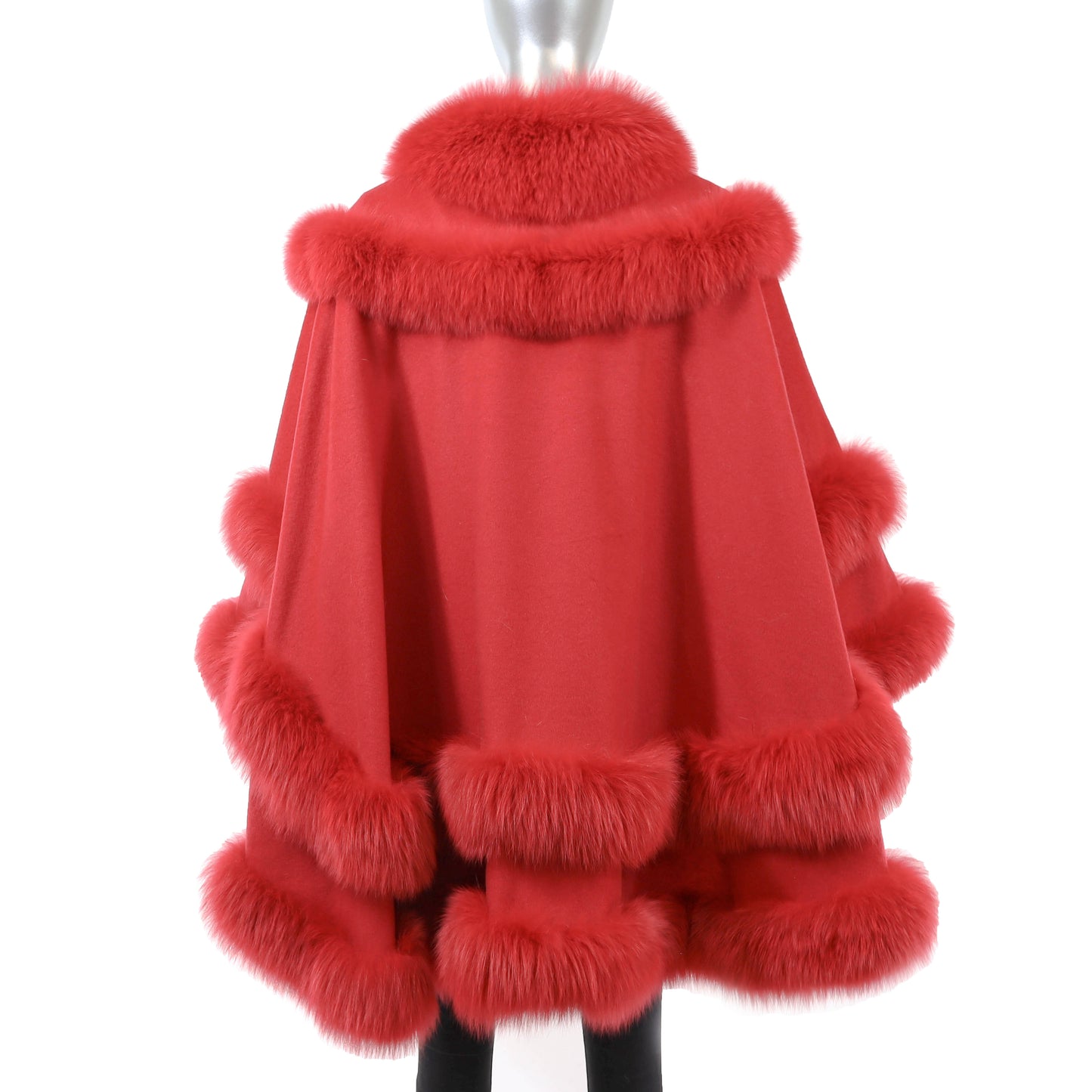 Red Cashmere Cape with Fox Trim- Size Free