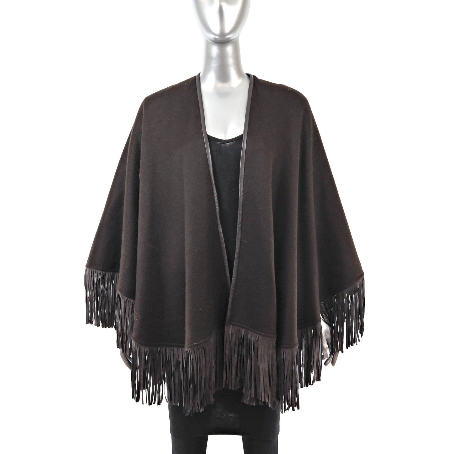 Brown Cashmere Cape with Leather Trim and Fringes- Size Free