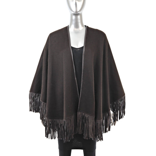 Brown Cashmere Cape with Leather Trim and Fringes- Size Free