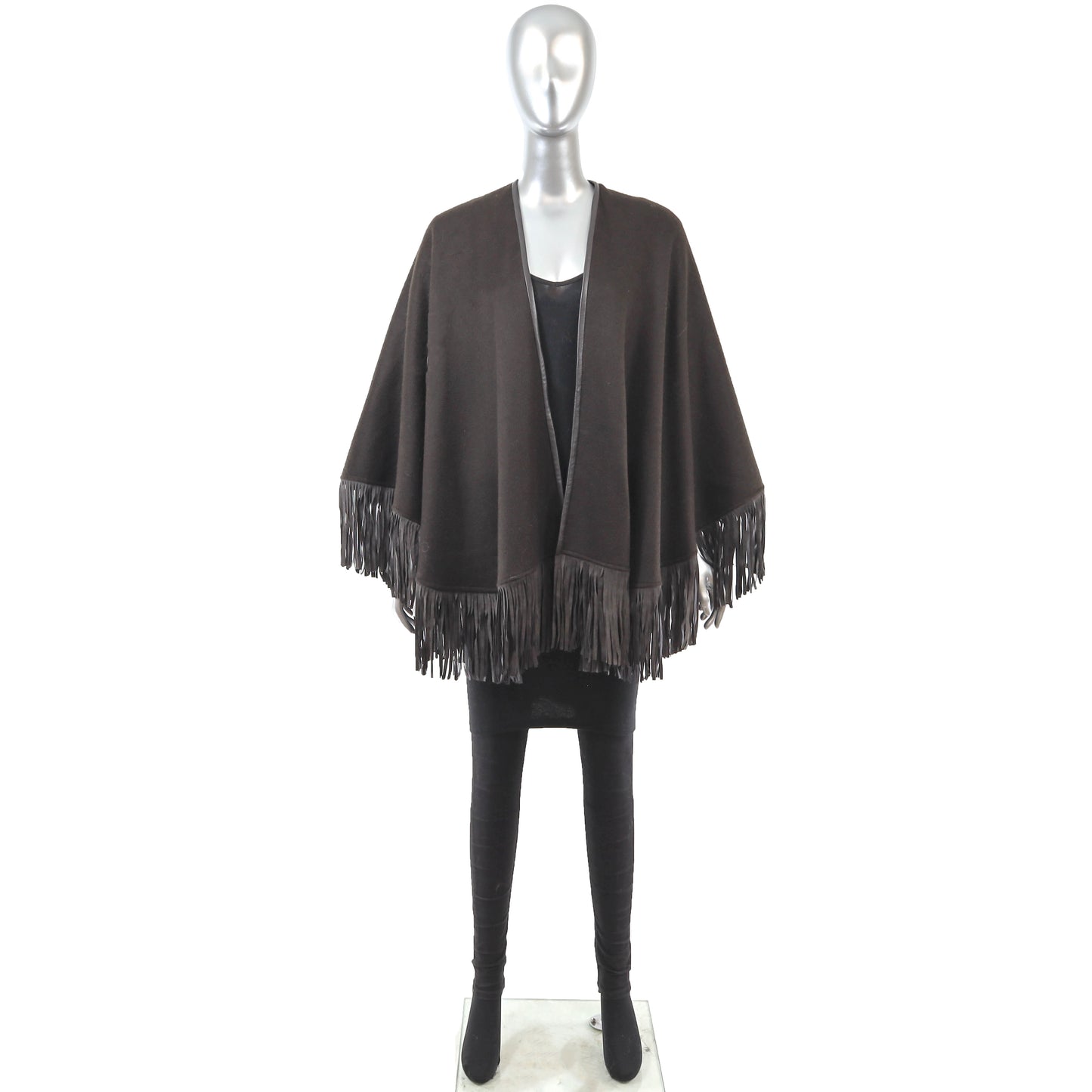 Brown Cashmere Cape with Leather Trim and Fringes- Size Free