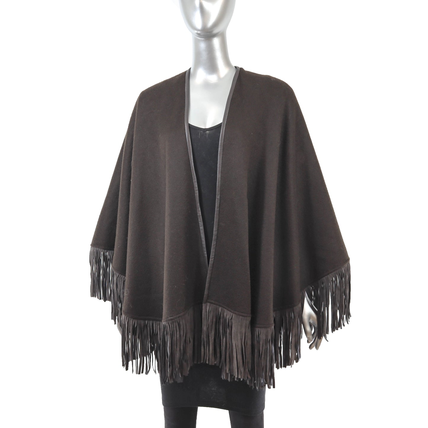 Brown Cashmere Cape with Leather Trim and Fringes- Size Free