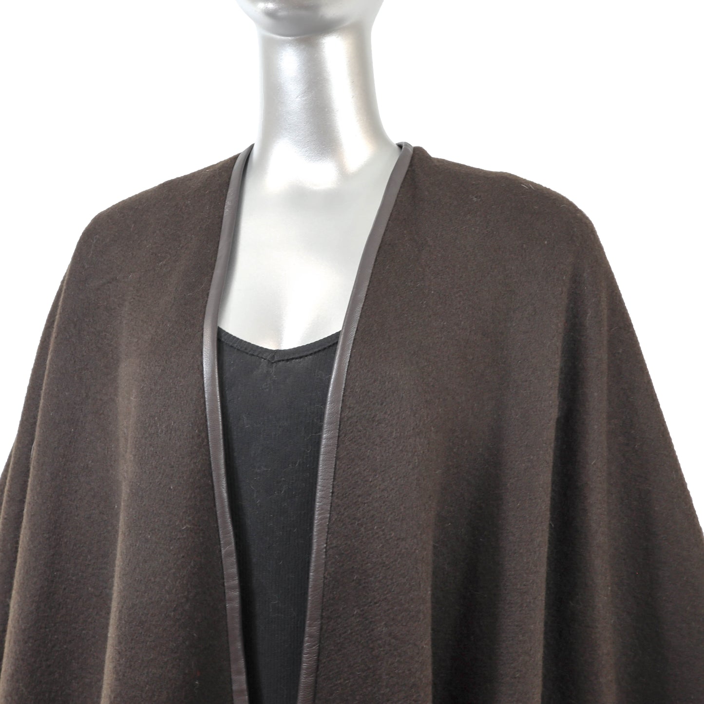 Brown Cashmere Cape with Leather Trim and Fringes- Size Free