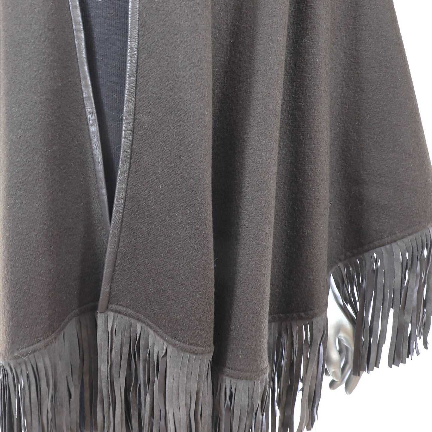 Brown Cashmere Cape with Leather Trim and Fringes- Size Free