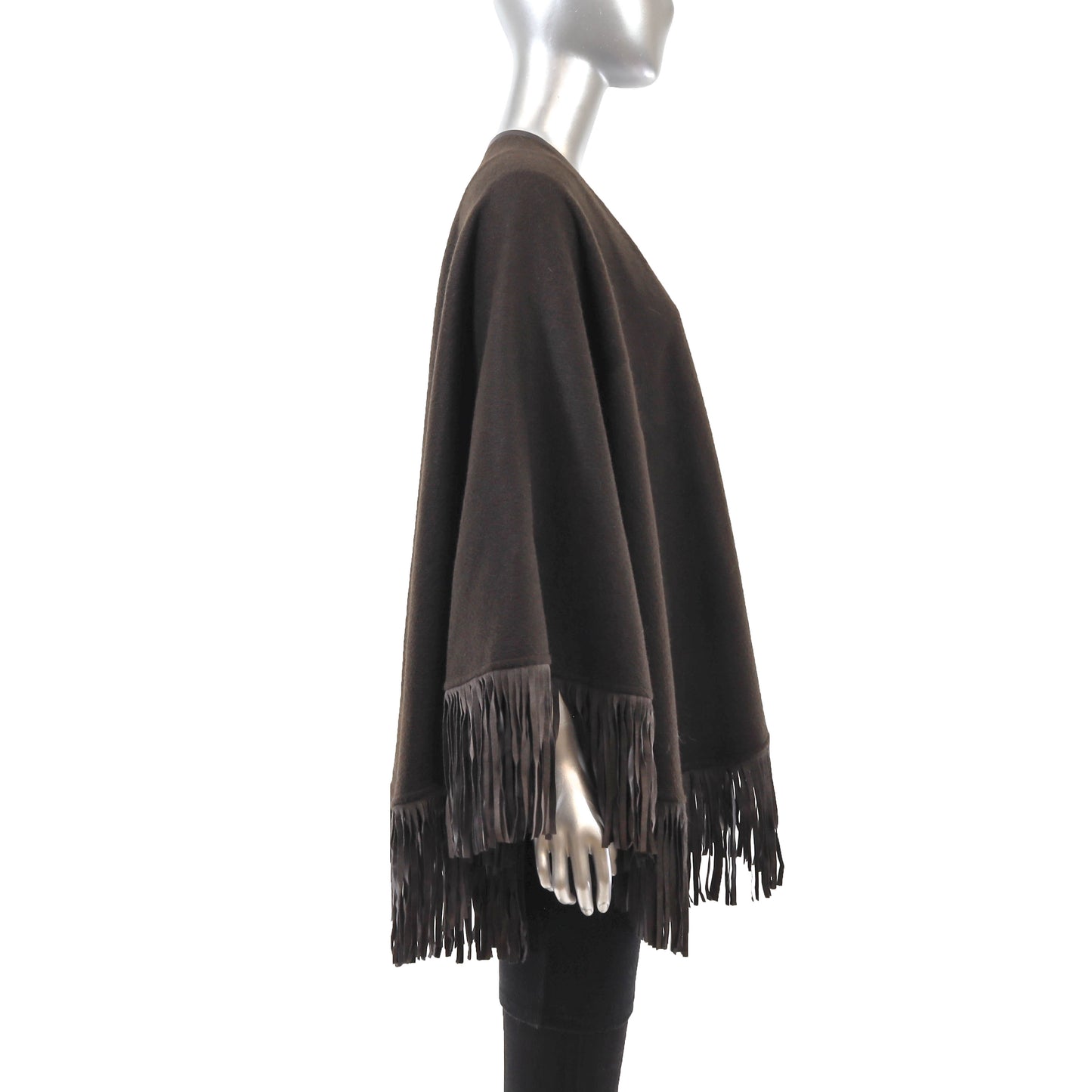 Brown Cashmere Cape with Leather Trim and Fringes- Size Free