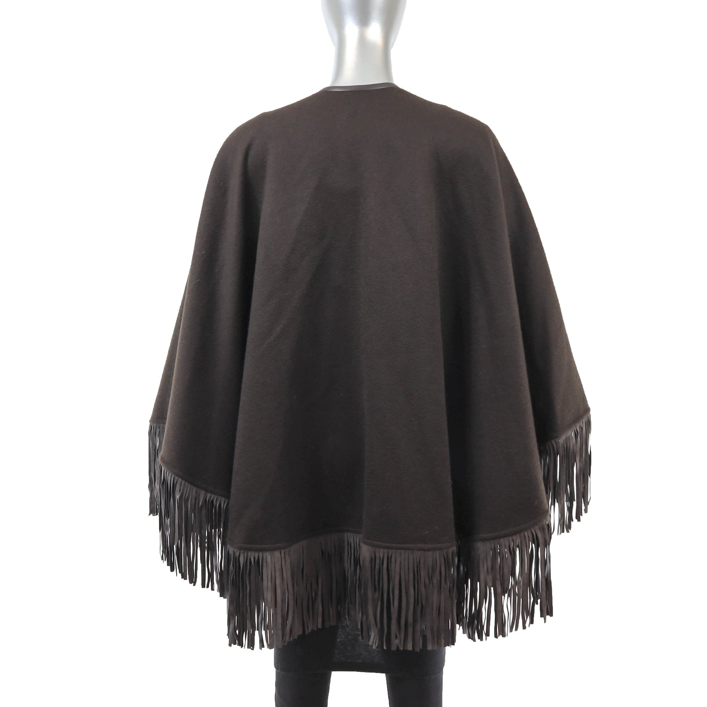 Brown Cashmere Cape with Leather Trim and Fringes- Size Free
